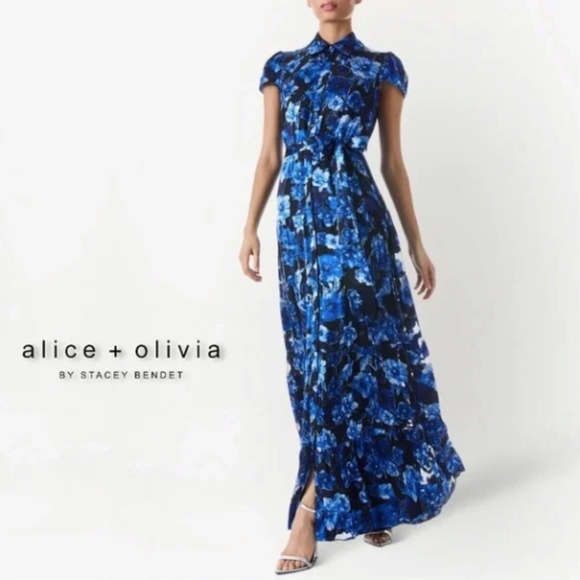 ALICE + OLIVIA WOMENS MIRANDA SHORT SLEEVE MAXI DRESS BUTTON DOWN BLACK FLORAL - Picture 3 of 13